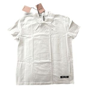 MIU MIU Women’s Scalloped Collar Cotton Jersey T-Shirt White NEW